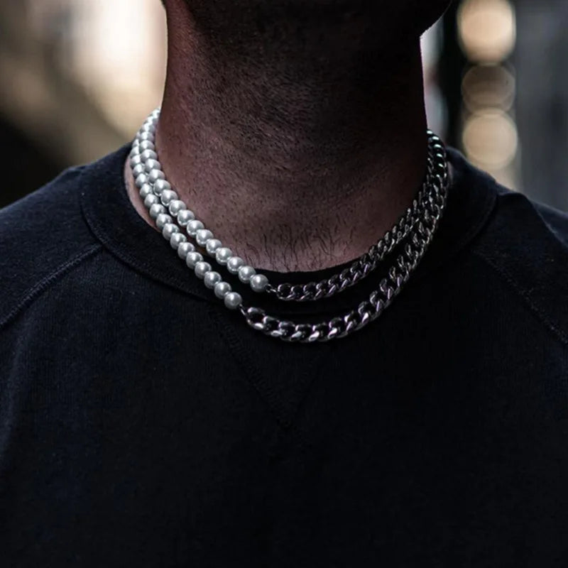 Titanium Steel Pearl Cuban Chain Necklace