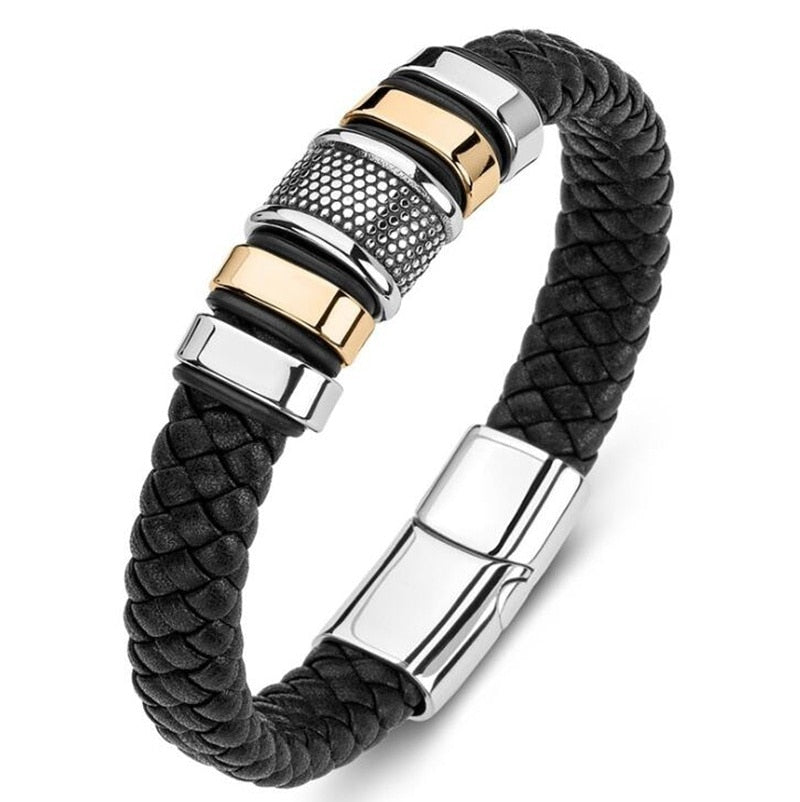 Bracelet classique en cuir tressé avec boucle en métal magnétique