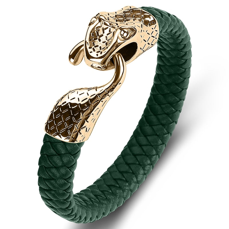 Bracelet serpent en cuir noir et acier inoxydable