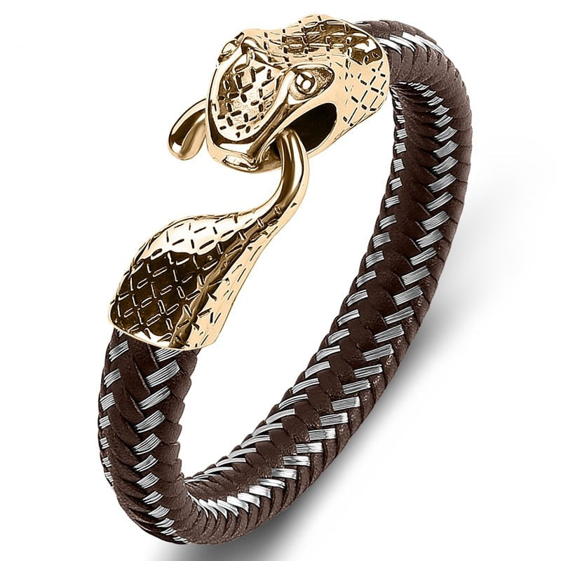 Bracelet serpent en cuir noir et acier inoxydable